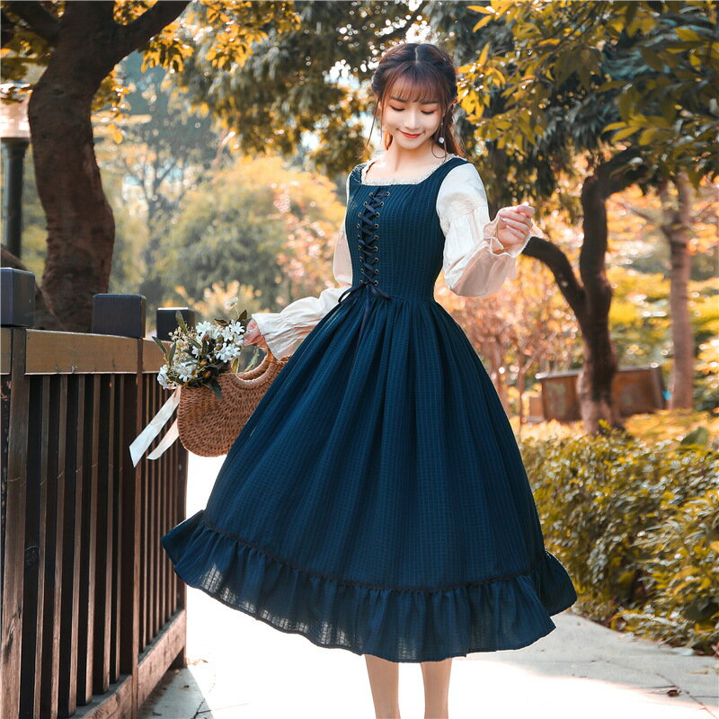 ストライプ ロリータワンピース ロリータ服 長袖ワンピースプリンセスドレス ミモレ丈ワンピ お嬢様風 フリル 可愛いコスチューム ゴスロリ コスプレ衣装 舞台衣装 文化祭 学園祭 イベント ハロウィンパーティー クリスマス Lolita Fashion フランス風 レトロ スリム お姫様