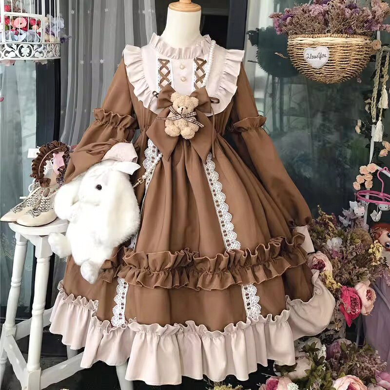 可愛いロリータ服 ロリータワンピース 長袖ワンピース ゴシック プリンセスライン 大人コスチューム ゴスロリ コスプレ衣装 文化祭 学園祭 ハロウィン衣装 パーティードレス イベント 無地 ブラウン ブルー コスプレ衣装 舞台衣装 女性用 プレゼント ダンス衣装 仮装変装