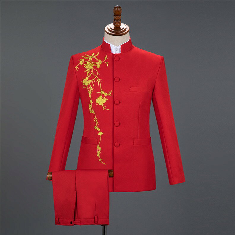 中華風スーツ メンズスーツセット 礼服 フォーマルスーツ 立ち襟 舞台衣装 舞台スーツ メンズ スーツジャケット テーラードジャケット 前撮り 後撮り ステージ衣装 コント 舞台劇 漫才 余興 司会者 忘年会 音楽会指揮者 パーティー クラブ ホスト 結婚式 4色