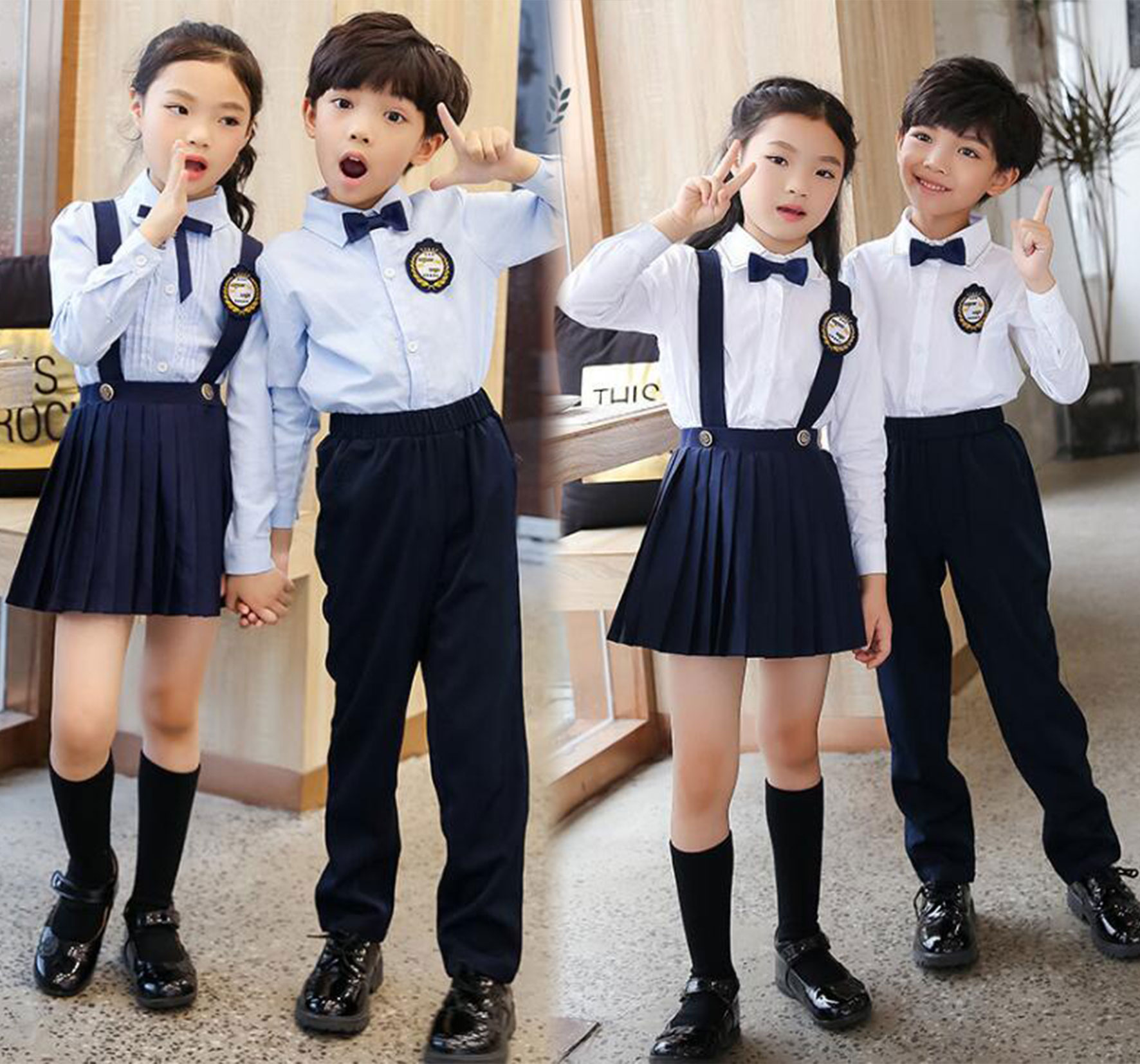 子供制服 キッズスーツ 学生制服 幼稚園制服 女の子 男の子 ジュニア 4点セット 長袖シャツ スーツ 子供服 フォーマルスーツ 蝶ネクタイ ピアノ 発表会 卒業式 入学式 小学生 合唱団 結婚式 セットアップ 長袖シャツ ロンパン/スカート 蝶ネクタイ バジ 2色 90cm-200cm