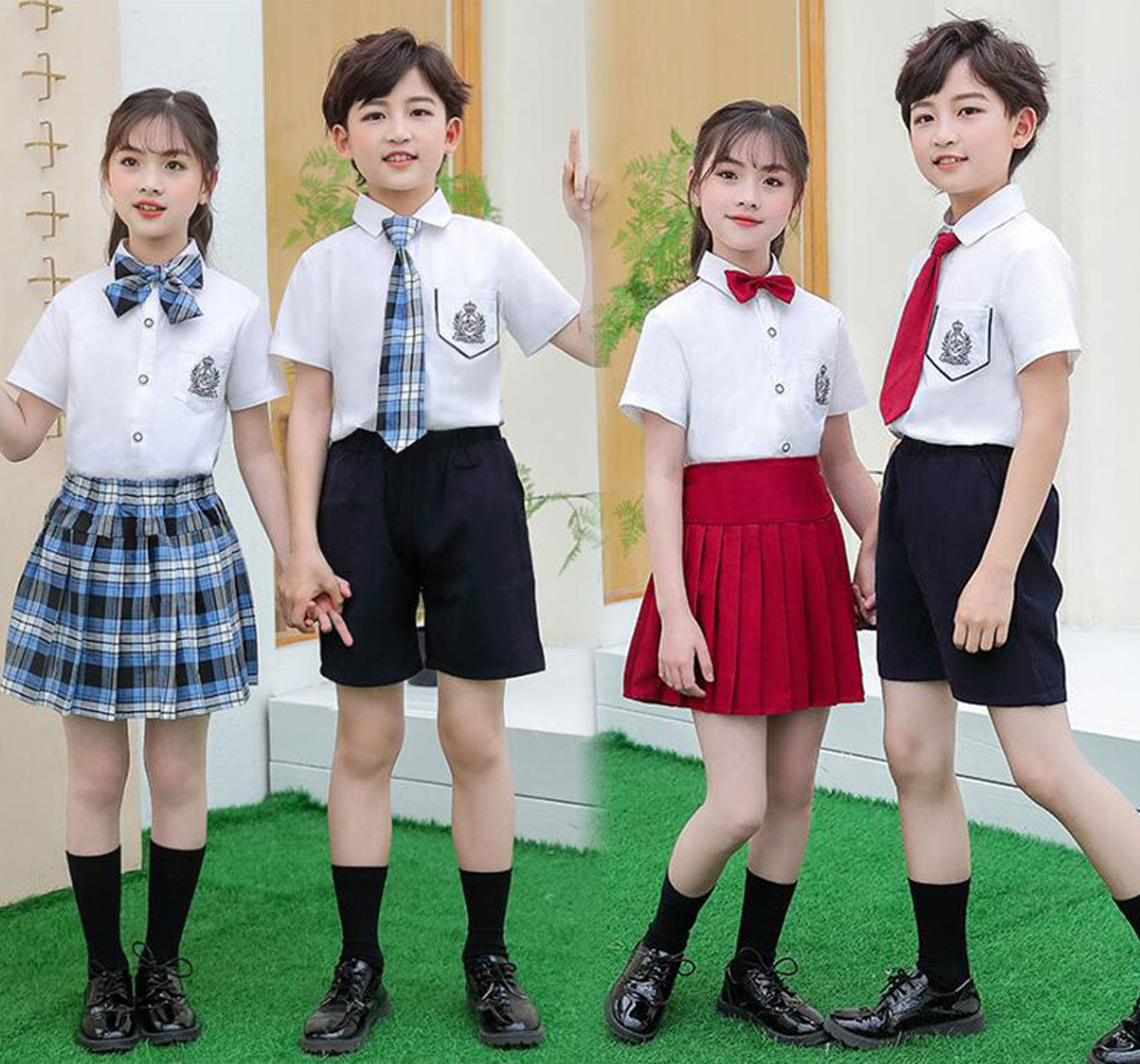 3点セット 子供制服 キッズスーツ 幼稚園制服 学生制服 小学生制服 女の子 男の子 ジュニア 子供スーツ フォーマルスーツ チェク柄 演奏会 発表会 卒業式 入学式 合唱団 結婚式 [半袖シャツ+短パン/スカート+ネクタイ] レッド ブルー100cm-200cm