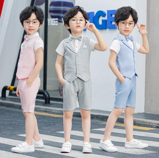 夏 キッズ紳士服 男の子礼服 子供スーツセット 子供服 子供チェック柄ジレ スーツセット 子供パンツセット 短パンセット 半袖 子ども夏服 フォーマルセット 3色 合唱団 団服 イベント 学園祭 舞台衣装 演奏会 発表会 結婚式 卒園式 七五三 80cm-170cm