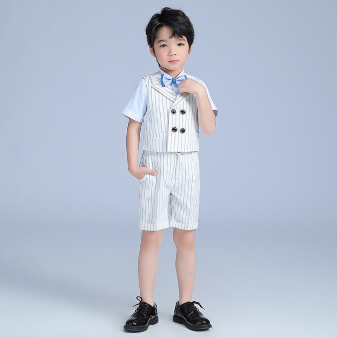 キッズ紳士服 男の子礼服 子供スーツセット ストライプ 縞柄 子供ジレ 子供服 子供パンツセット 半袖長袖 短パンセット ロンパンセット ストラップ付き フォーマルセット 合唱団 団体服 演奏会 発表会 結婚式 卒園式 七五三 ホワイト 90cm-170cm