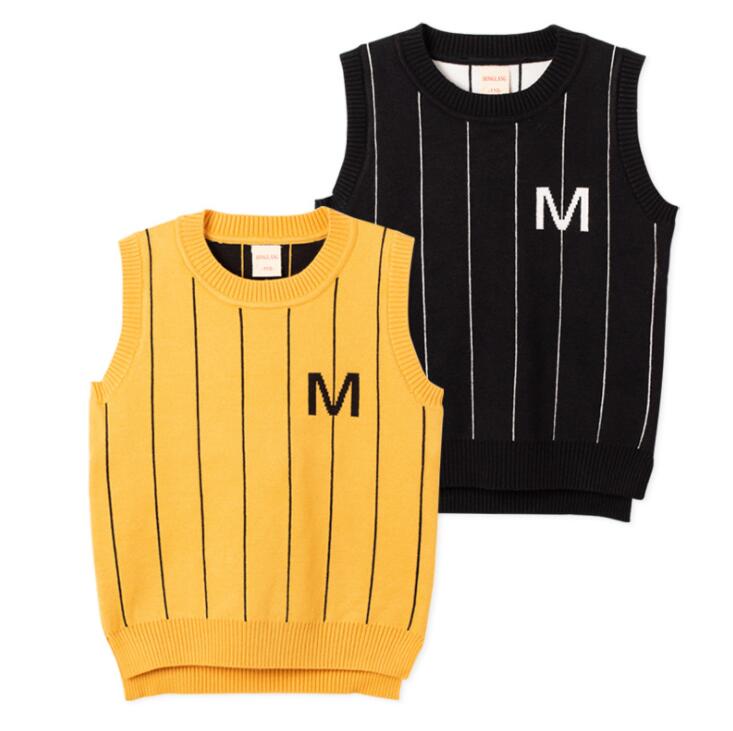 キッズニットベスト 子供春秋ベスト 子どもニットジレ 男の子女の子ジュニア ストライプ 縞柄 綿生地 重ね着 レイヤード 袖無し クールネック デイリー 普段着 カジュアル 男の子 小学生中学生 通学 子供服 秋物 イエロー ブラック 100cm-140cmのサムネイル