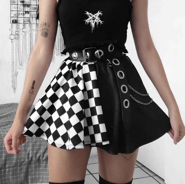 ショートスカート レディーススカート チェック柄 Aラインスカート ダンス衣装 パンク風 ゴシック風 原宿系 ギャル系 ジャズダンス衣装 個性的スカート 欧米風 ロックバンド ハロウィンパーティー パーティー衣装 舞台衣装 ステージ衣装 イベント 仮装 女装 2色