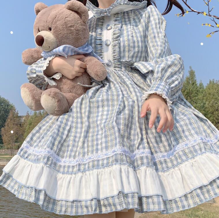 甘いロリータ服 甘ロリ ロリータワンピース 長袖ワンピース 可愛いロリータ服 チェック柄 プリンセスライン 大人コスチューム ゴスロリ コスプレ衣装 文化祭 学園祭 ハロウィン衣装 パーティードレス イベント 5色