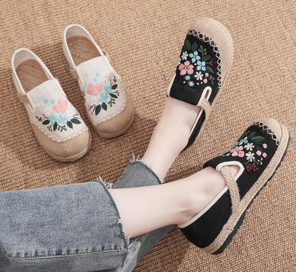レディース春夏秋パンプス チャイナ靴 手作り北京布靴 フラット エスニックチャイナシューズ 痛くない 疲れない カジュアル 通気性抜群 チャイナドレス メイド ...