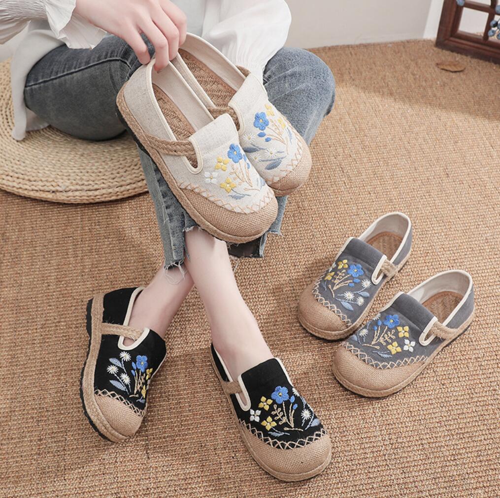 レディース春夏秋パンプス チャイナ靴 手作り北京布靴 花柄刺繍 フラット エスニックチャイナシューズ 痛くない 疲れない カジュアル 通気性抜群 チャイナドレス...