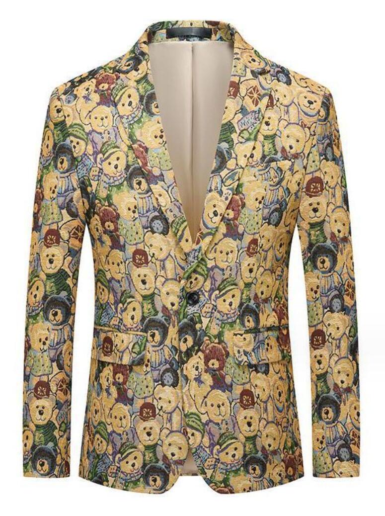 メンズフォマールスーツジャケット 男性ステージ演出服 メンズタキシード テーラードジャケット メンズスジャケットコート シングルボタン 熊柄 プリント 舞台衣装 舞台スーツ パーティー クラブ ホスト ステージ衣装 コント 舞台劇 漫才 余興 司会者 忘年会 結婚式 歌手
