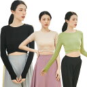 ダンストップス レディースTシャツ クルーネック ストレッチ 半袖/長袖 ダンスウェア へそ出し レッスン着 細見え 夏練習着 ヨガ服 リラックスヨガ お家ヨガ...