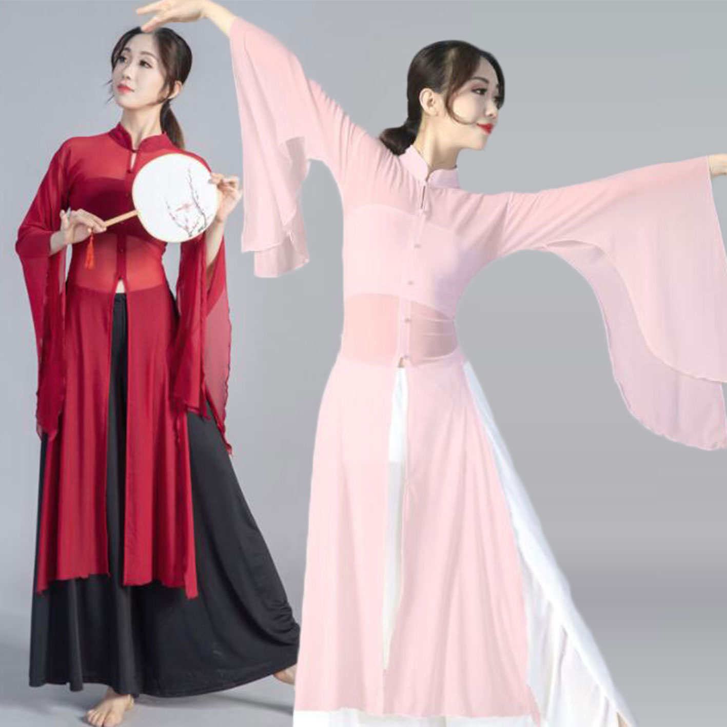 古典ダンストップス 中華風 振袖羽織 透け感ブラウス ロング丈 立ち襟 中華古典 ワイドパンツ レディースダンスウェア ダンス練習着 団服 レッスン着 ベリーダンス ベリーダンス衣装 古典ダンス/ヨガ/バレエダンス/社交ダンス/モダンバレエ/モダンダンス 7色