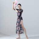 花柄チャイナドレス レディースダンスウェア 古典ダンスウェア ベリーダンス衣装 五分袖 中華風 透け感 密着ワンピース ロング丈 立ち襟 中華古典 ダンス練習着...