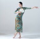 花柄チャイナドレス レディースダンスウェア 古典ダンスウェア ベリーダンス衣装 七分袖 中華風 透け感 密着ワンピース ロング丈 立ち襟 中華古典 ダンス練習着...