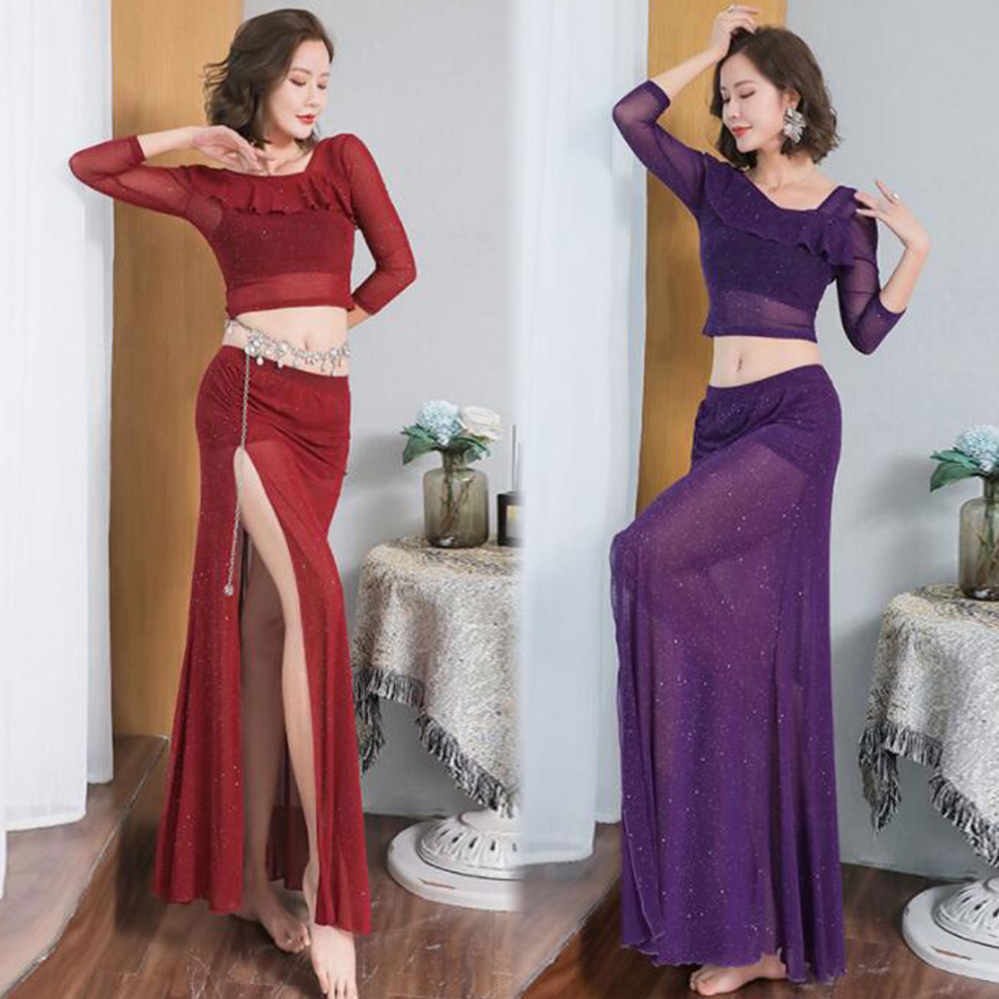 ベリーダンス衣装 レディースダンスウェア 七分袖ダンストップス ドルマンスリーブ へそ出しトップス ショート丈トップス ロングスカート スパンコールベリーダンス...