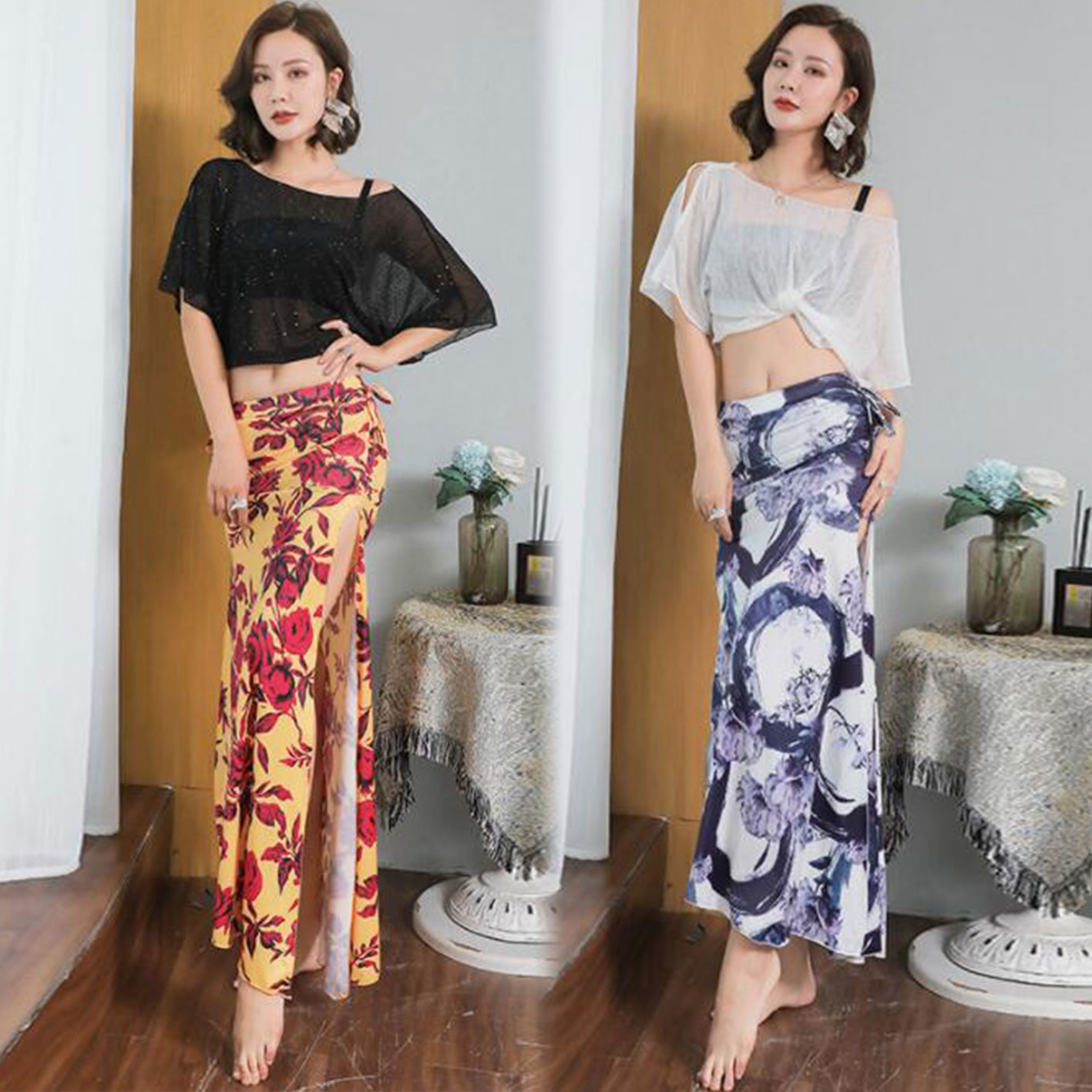 レディース花柄ダンスウェア ベリーダンス衣装 ダンストップス へそ出しトップス シースルー ショート丈トップス ロングスカート ベリーダンス ステージ衣装 ダン...