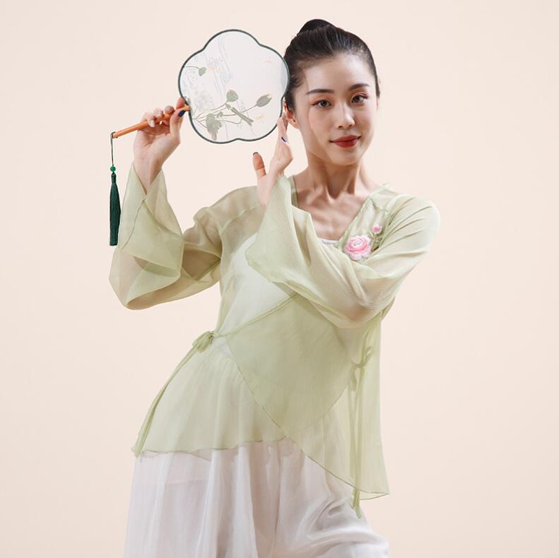 古典ダンス衣装 社交ダンスウェア 長袖ダンストップス 羽織 透け感 Vネック チャイナドレス風 中国風踊り 中華コスプレ 団服 チャイナ風 舞台衣裳 ダンス練習着 ダンス稽古 舞台パフォーマンス 団体服 レッスン着 モダンダンス/古典ダンス/社交ダンス