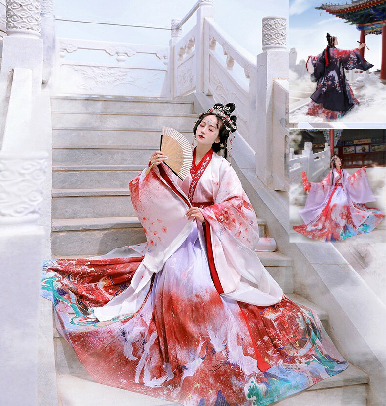 4点セット グラデーション 中華風コスプレ 漢服 唐装 レディース 舞台衣装 羽織 プリント 中華服 チャ..