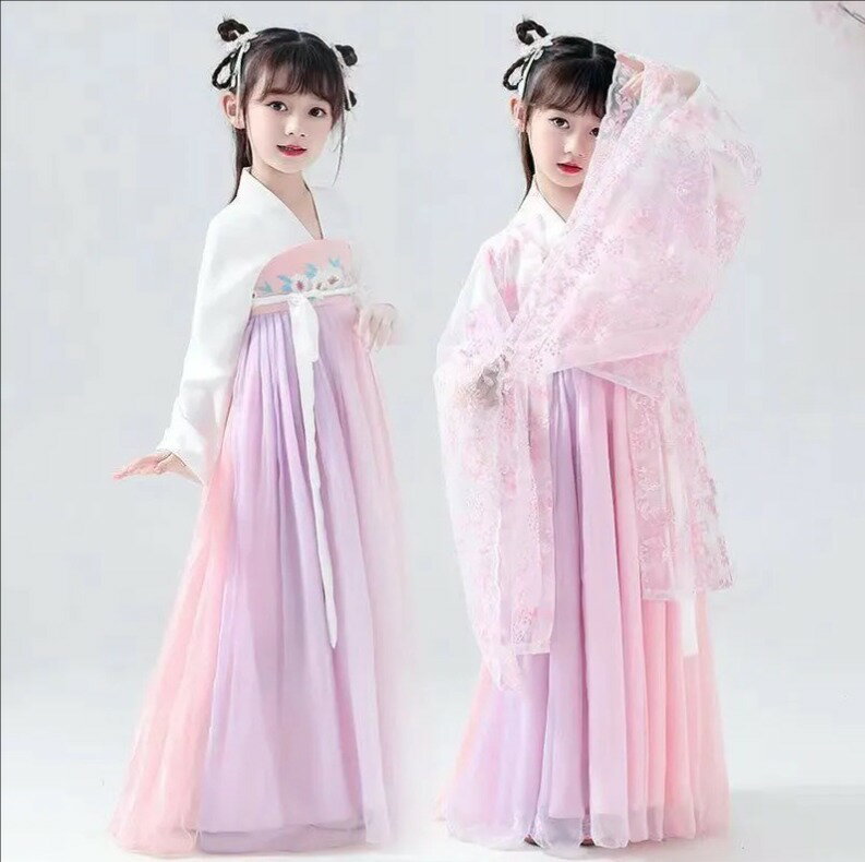 キッズ漢服 中華古代服 子供唐装 子供漢服衣装 刺繍柄 女の子 舞台衣装 ステージ衣装 団体服 中華服 グラデーション チャイナ服 中華風 民族風 華流衣装 イベント 仮装 コスチューム 写真撮影 伝統楽器演奏会 二胡古筝 華やか 合唱団 ピンク