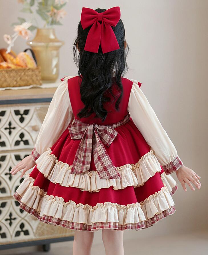 子供ロリータ服 キッズ長袖ワンピース ロリータワンピース 甘ロリータ チェック柄 姫様ドレス 子供コスチューム ドレス 女の子 可愛いコスチューム ゴスロリ コスプレ衣装 ハロウィン衣装 学園祭 かわいい 萌え イベント ロリータファション 90cm-160cm 3