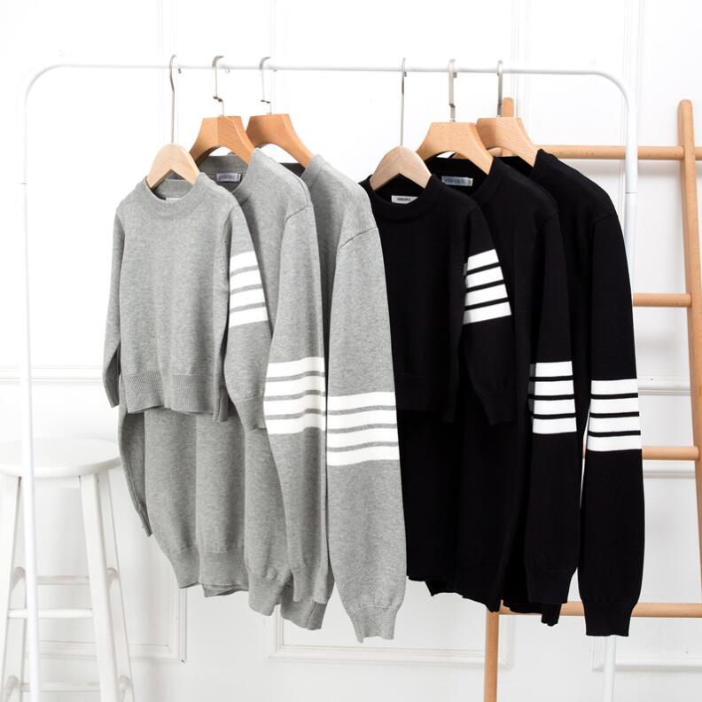 Crew Neck - 親子ベアセーター 子供ニットセーター クルーネックセーター 男女兼用 女の子 男の子 親子お揃い 長袖 カジュアル風 秋物 秋冬 ライン 暖かい ゆったり 普段着 カジュアル風 無地 ニットウェア カットソー ニットソー ブラック グレー 90-140cm