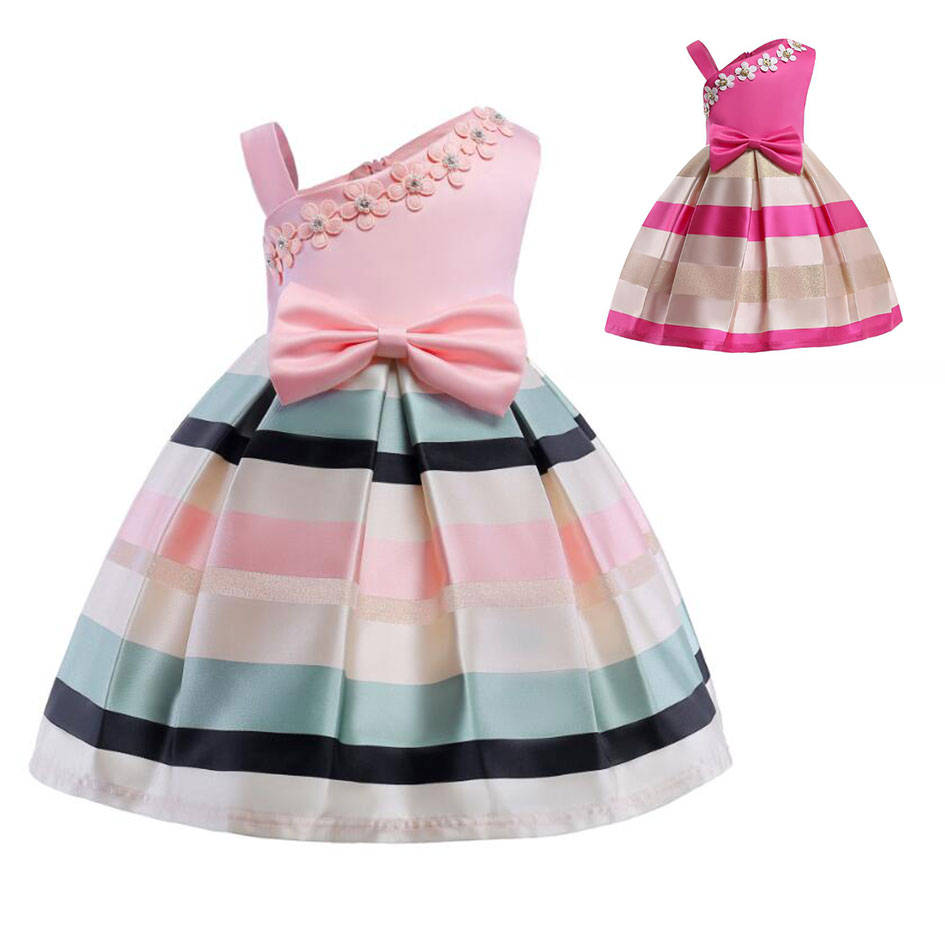 子供ドレス 子供可愛いワンピース キッズドレス 子供フォーマルドレス 女の子礼服 ボーダー柄 ストライプ Aライン 花飾り 合唱団 舞台衣装 発表会 演奏会 音楽会 誕生日会 結婚式 ウェディング イベント パーティードレス 七五三 写真撮影 100cm-150cm 2色