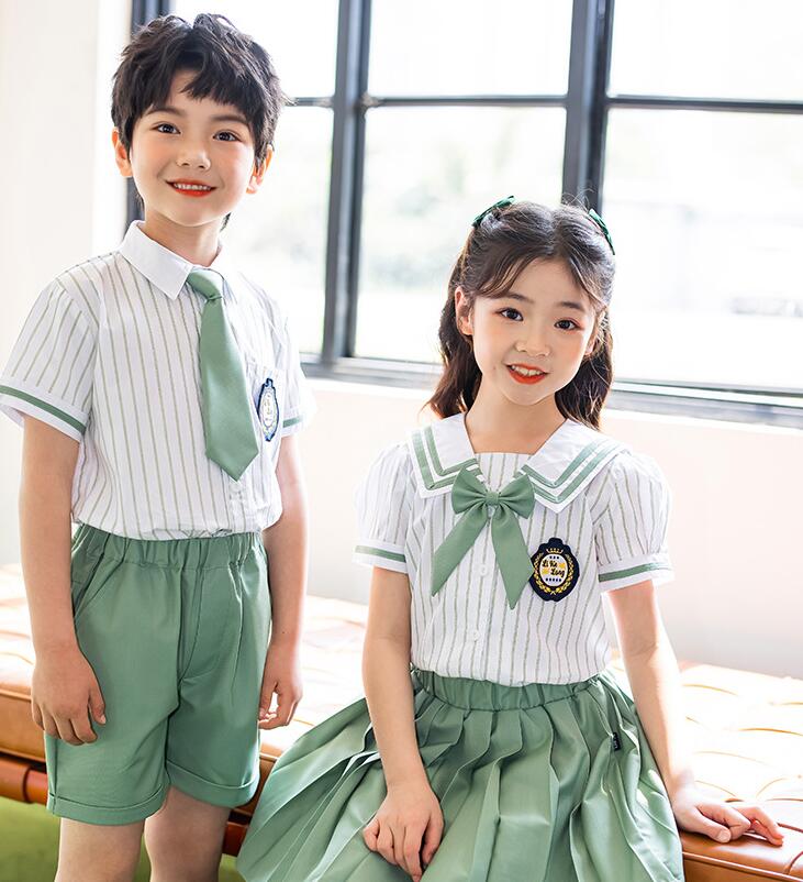 Suits - 夏子供制服 女の子 男の子 セットアップ服 学生制服 幼稚園制服 可愛い 上下セット 縞柄 フォーマルセット 半袖シャツ 子供服 発表会 卒業式 入学式 小学生 合唱団 運動会 イベント 学園祭 シャツ+パンツ/スカート グリーン 100cm-180cm