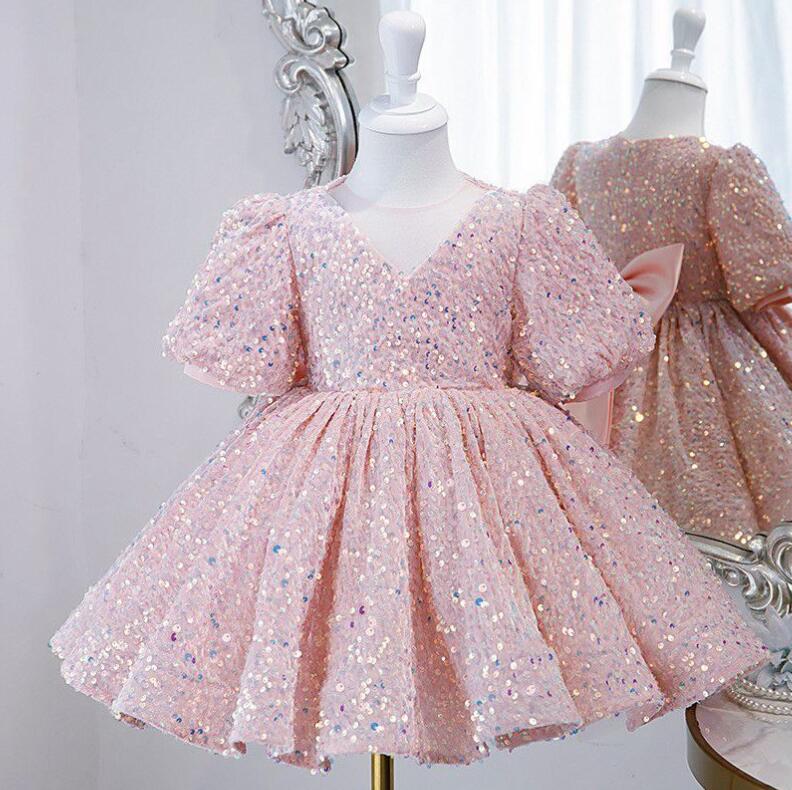 スパンコールドレス キッズドレス 子供ドレス 女の子可愛いワンピース パフ袖 半袖 子供フォーマルドレス キッズ可愛いワンピース 合唱団 舞台衣装 発表会 演奏会 音楽会 誕生日会 結婚式 ウェディング イベント パーティードレス 七五三 写真撮影 80cm-130cm