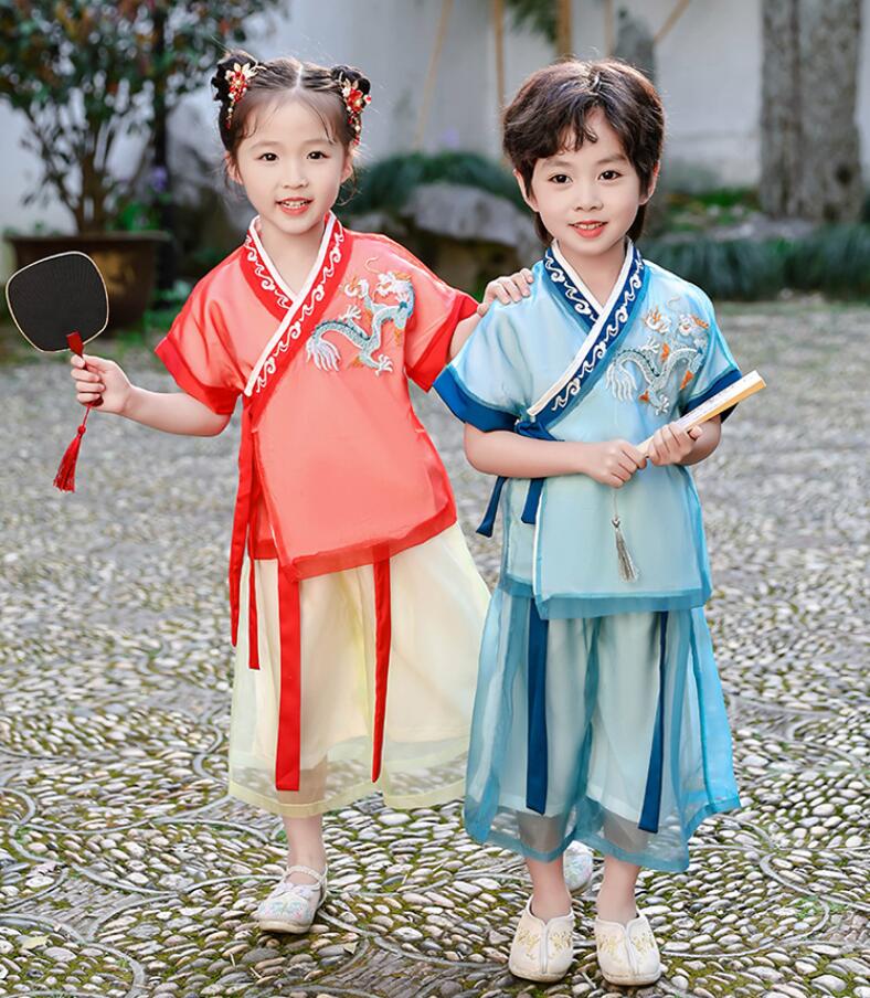 乐天商城 - キッズ漢服 半袖 子供漢服衣装 中華古代服 刺繍柄 唐装 古典美人服 舞台衣装 ステージ衣装 団体服 中華服 チャイナ服 中華風 チャイナ風 華流衣装 イベント 仮装 コスチューム 写真撮影 伝統楽器演奏会 二胡古筝 華やか 合唱団 2色