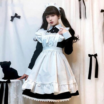 メイドコスチューム メイドコスプレ 可愛いメイド服 ショート丈ワンピース 長袖メイド服 ハロウィン衣装 大人コスチューム エプロン ウェイトレスコスプレ 萌え 舞台衣装 イベント 学園祭 キャラクター 仮装 変装 女装 ブラック M-4L