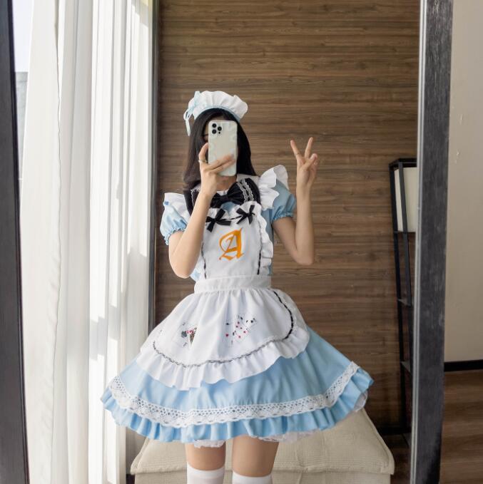 可愛いメイド服 メイドコスプレ 大人用コスチューム 半袖ワンピース フリル メイド服 ハロウィン衣装 ワンピース+エプロン+カチューシャ レース ウェイトレスコスプレ 萌え 舞台衣装 イベント 学園祭 キャラクター 仮装 変装 女装 ブルー S-6L