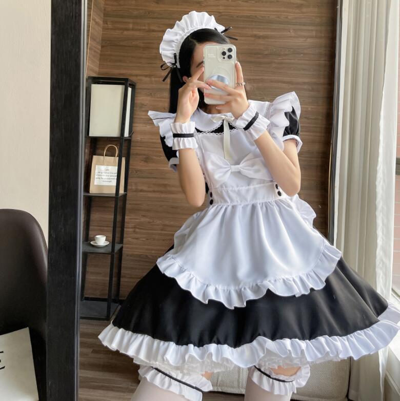 メイド服 大人用コスチューム 可愛いメイド服 メイドコスプレ 半袖 フリル ハロウィン衣装 お得 ワンピース エプロン カチューシャ ウェイトレスコスプレ メイド喫茶 萌え 女装 ブラック ｓ 6l 変装 舞台衣装 学園祭 仮装 イベント キャラクター