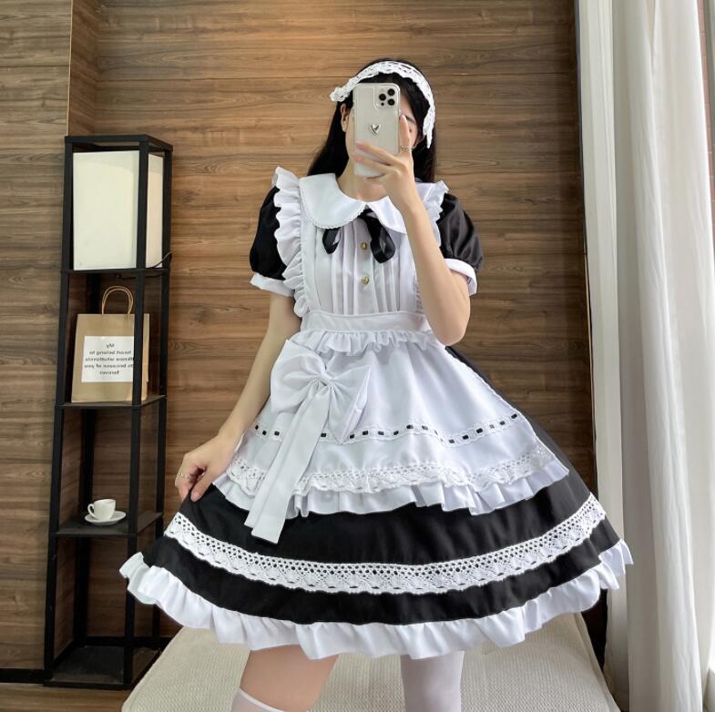 メイドコスチューム メイドコスプレ 可愛いメイド服 ショート丈 ワンピース 半袖メイド服 ハロウィン衣装 大人コスチューム エプロン ウェイトレスコスプレ メイド喫茶 エレガント 優雅 萌え 舞台衣装 イベント 学園祭 キャラクター 仮装 変装 女装 ブラック S-6L