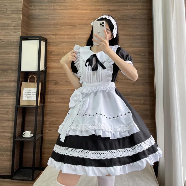 メイドコスチューム メイドコスプレ 可愛いメイド服 ショート丈 ワンピース 半袖メイド服 ハロウィン衣装 大人コスチューム エプロン ウェイトレスコスプレ メイド喫茶 エレガント 優雅 萌え 舞台衣装 イベント 学園祭 キャラクター 仮装 変装 女装 ブラック S-6L