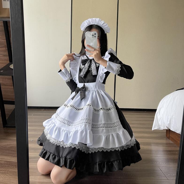 メメイド服 メイドコスチューム メイドコスプレ 可愛いメイド服 ショート丈 ワンピース 長袖 ハロウィン衣装 大人コスチューム エプロン ウェイトレスコスプレ メイド喫茶 メイド服 舞台衣装 いいスタイル キャラクター 萌え 学園祭 女装 S 6l ブラック 仮装 エレガント