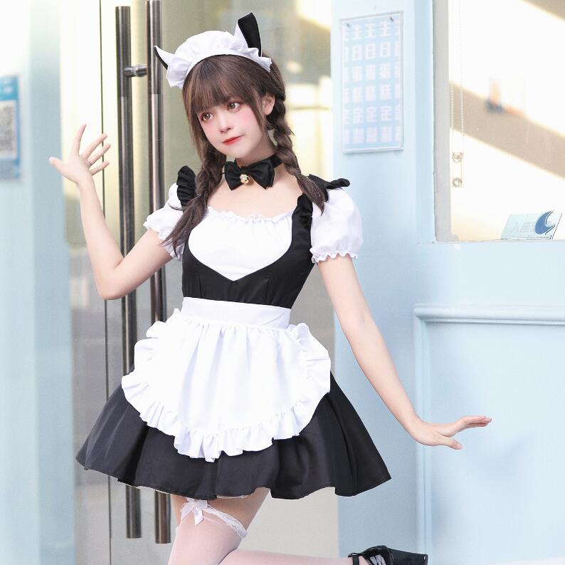 可愛いメイド服 大人用コスチューム メイドコスプレ 半袖メイド服 フリル ハロウィン衣装 ワンピース+エプロン+カチューシャ+チョーカー ウェイトレスコスプレ メイド喫茶 萌え 舞台衣装 イベント 学園祭 キャラクター 仮装 変装 女装 2色