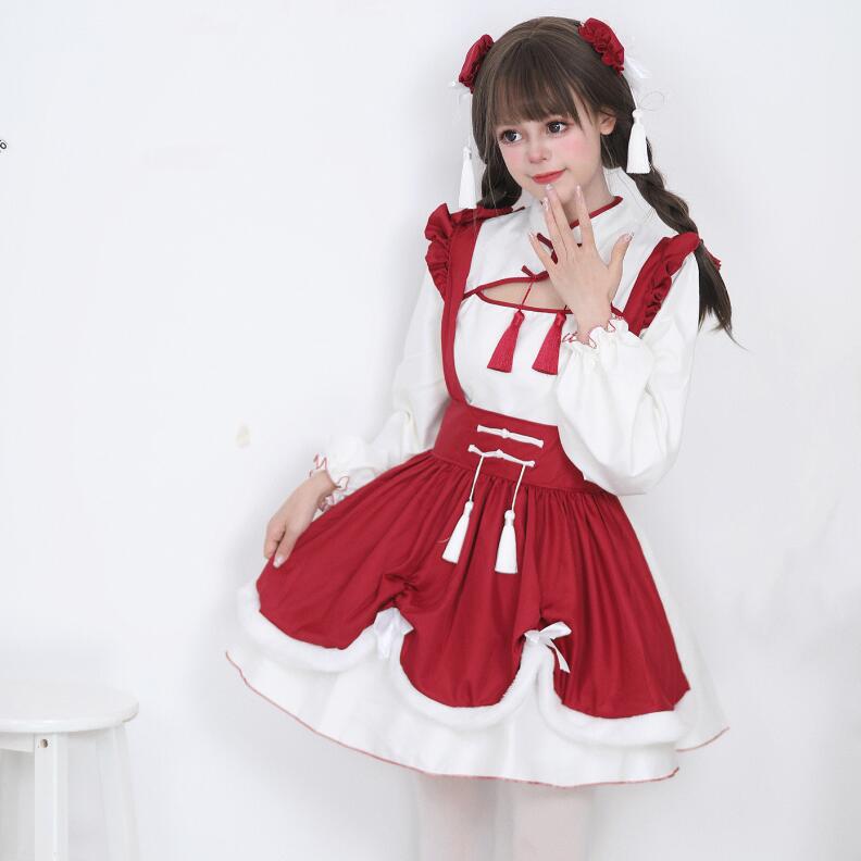 中華風メイド服 レディースコスチューム 長袖 メイド喫茶 メイドコスチューム 可愛いメイド服 ショート丈 エプロン ウェイトレスコスプレ 萌え 可愛い 美少女ウェア ハロウィン衣装 クリスマスパーティー 舞台衣装 仮装 女装 イベント 余興 学園祭 レッド