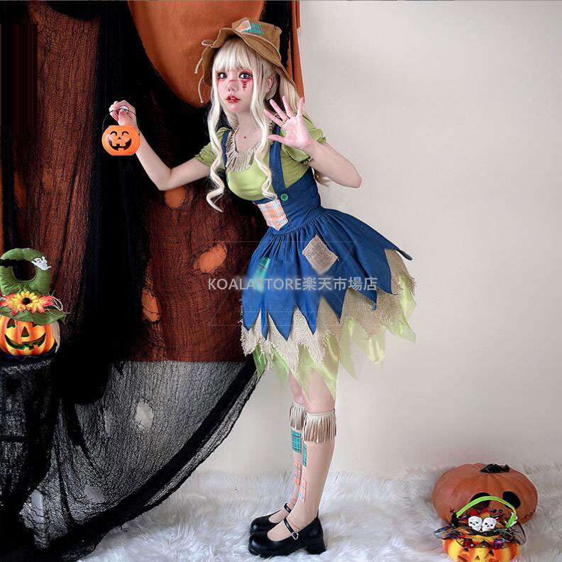 大人用コスチューム 可愛いコスチューム スケアクロウコスプレ 半袖 欧風 ハロウィン衣装 トップス+スカート+帽子+足飾り ウェイトレスコスプレ 衣装 変装 仮装 ハロウィンパーティー イベント 舞台劇 舞台衣装 学園祭