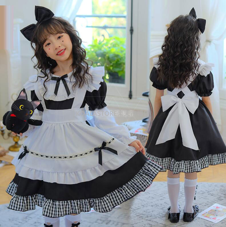 乐天商城 - 子供コスチューム 子供メイド服 キッズ半袖ワンピース ショート丈 魔法使い なりきり ハロウィン衣装 女の子 可愛いコスプレ衣装 変装 仮装 ハロウィンパーティー イベント 舞台劇 舞台衣装 学園祭 ワンピース+エプロン+髪飾り+つけ袖