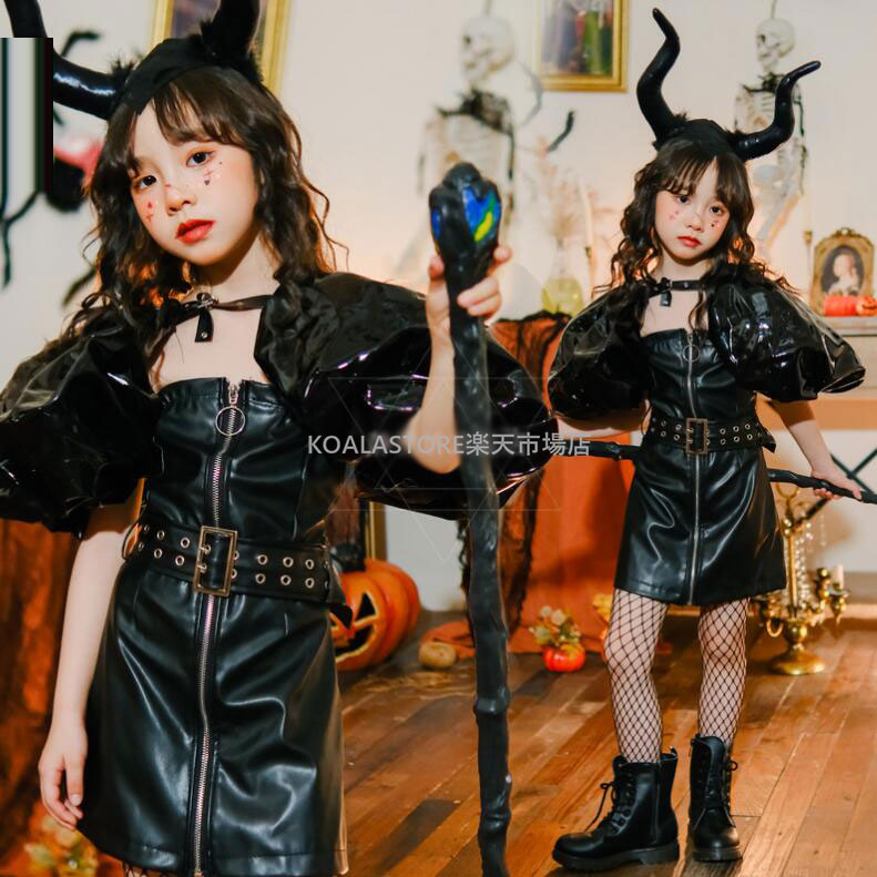 子供コスチューム ハロウィン衣装 女の子 コスプレ衣装 魔女コスチューム キッズワンピース パンク風 ショート丈 暗黒 魔法使い なりきり 可愛いコスチューム 変装 仮装 ハロウィンパーティー イベント 舞台劇 舞台衣装 学園祭 ワンピース+つけ袖+ベルト