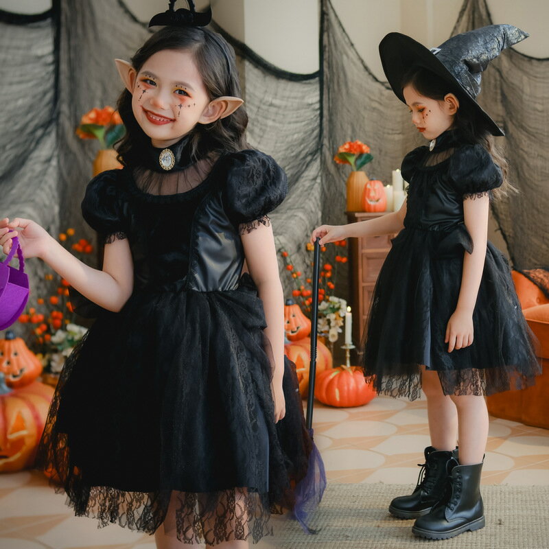 子供コスチューム 魔女風 ドレス キッズ 半袖ワンピース パフスリーブ ショート丈 レース付き 魔法使い..