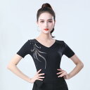 ダンスTシャツ ラテンダンストップス レディースダンスウェア ダンス練習着 密着Tシャツ 半袖 Vネック ダンス稽古 レッスン着 細見え 練習着 社交ダンス ラ...