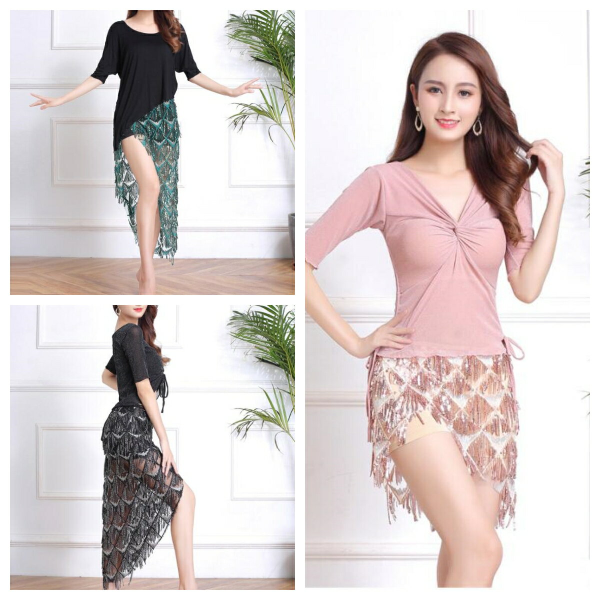 ベリーダンスウェア 五分袖 ベリーダンス衣装セット セクシーダンストップス へそ出しトップス ヒップスカーフ 見せパン付き スパンコール ステージ衣装 ダンスレ...