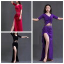 ベリーダンス衣装セット ベリーダンスウェア モダール生地 五分袖 Vネック セクシーダンストップス ロングスカート へそ出しトップス ステージ衣装 ダンスレッス...