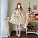 ジャンパースカート ロリータワンピース ホワイトシャツ追加可 フリルワンピース 甘ロリ ロリータ風ワンピ エレガント Lolita 華やか ロリータ服 リボン 可愛いコスチューム ゴスロリ コスプレ衣装 ハロウィン 文化祭 学園祭 萌え イベント レディース ジュニア ベージュ