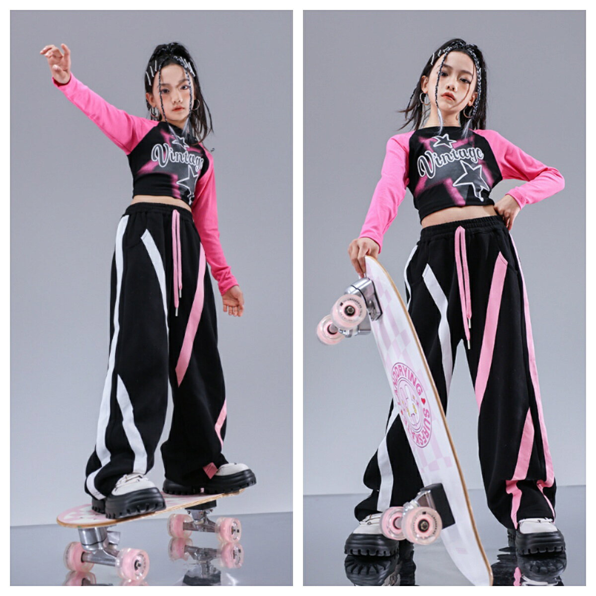 乐天商城 - キッズダンス衣装 長袖Tシャツ サルエルパンツ 個性的 キッズジャズ ヒップホップ 女の子 子供服 上下セット 派手 K-POP ストリート 原宿系 レッスンダンスウェア イベント 発表会 応援団 jazz hiphop ステージ舞台演出服 練習着 チーム衣装 おしゃれ団体服