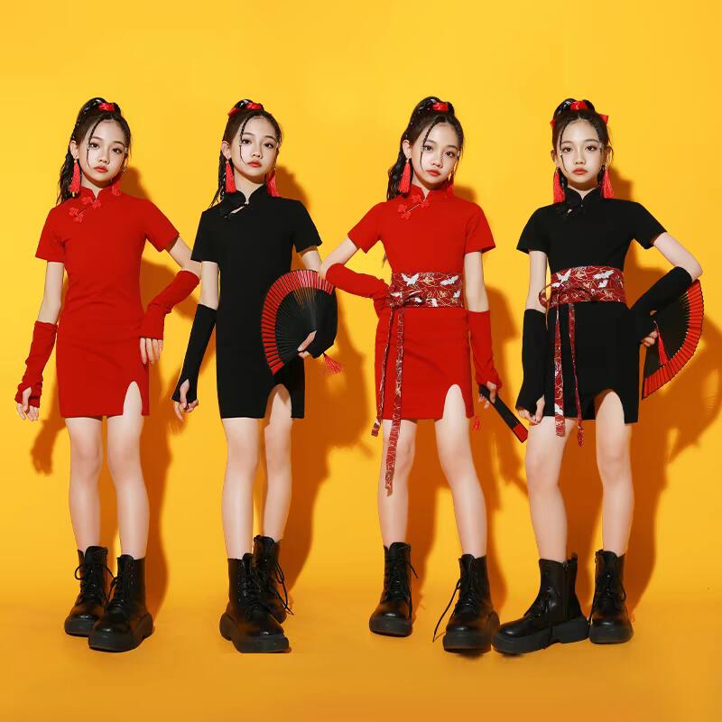 子供 中華ダンス 衣装 女の子 半袖 ショート丈 チャイナドレス ストレッチ 赤 黒 中華風 ジャズ ヒップ..