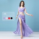 ベリーダンス服 ダンスセット 上下セット 半袖 Vネック へそ出し 安全パン付き ロングスカート キラキラ 社交ダンス レディース セクシー スリット入スカート...