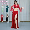 ベリーダンス服 ダンスセット ベルスリーブ へそ出し 安全パンツ付き 上下セット ロングスカート ウエストチェーン追加可 メッシュ キラキラ 社交ダンス レディ...