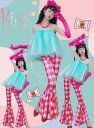 レトロダンス服 上下セット チューブトップ チェック柄 パンタロン ジャズ ベルボトム ラップパンツ ガールズ チアダンス キッズダンス衣装 演出服 ガールズ ...