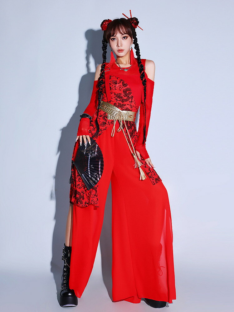 ダンスセット衣装 中華風 チャイナドレス チャイナ娘 ジャズダンス衣装 ダンス服 長袖 トップス+パンツ ベルト追加可 龍柄 キャバドレス イベント ダンス発表会 jazz ステージ舞台演出服 練習着 チーム衣装 団体服 チアガール クラブ 舞台衣装 赤 団服 かっこいい